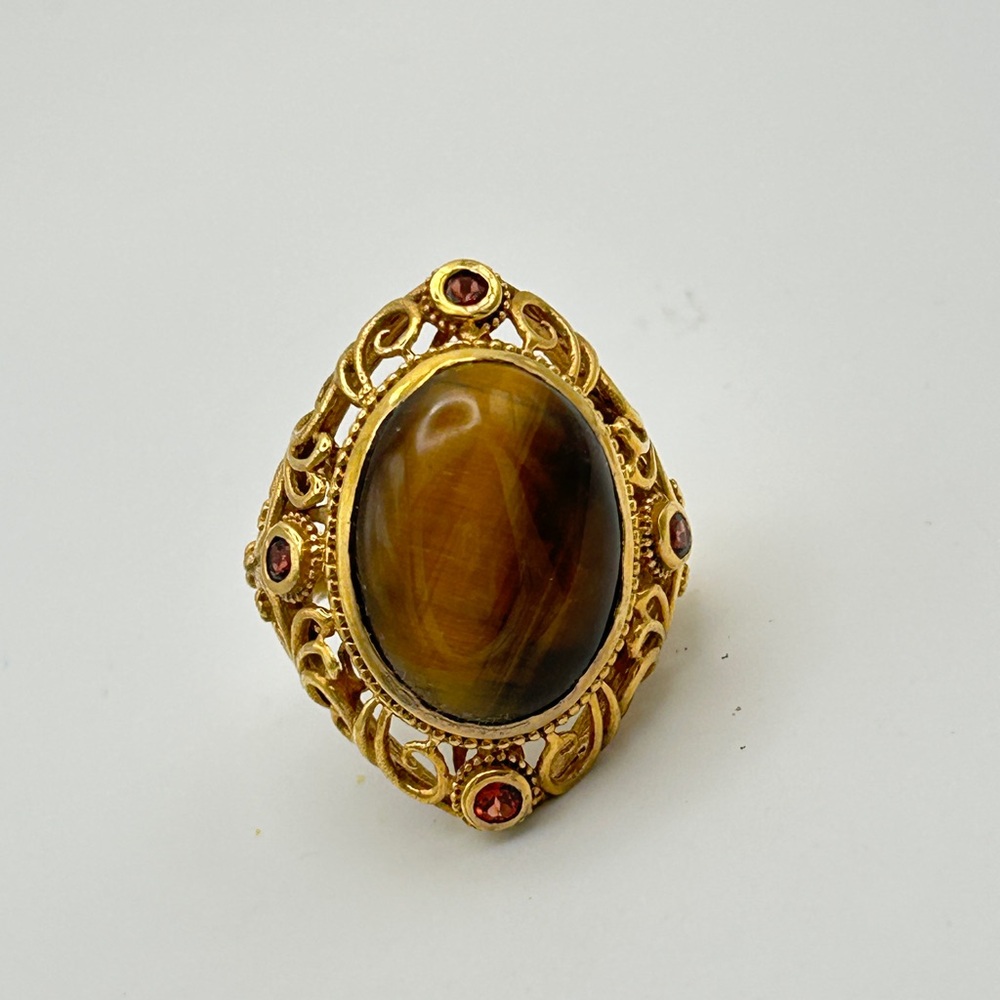 Tigers Eye Ring with Garnet Accents; Size 7; GbD